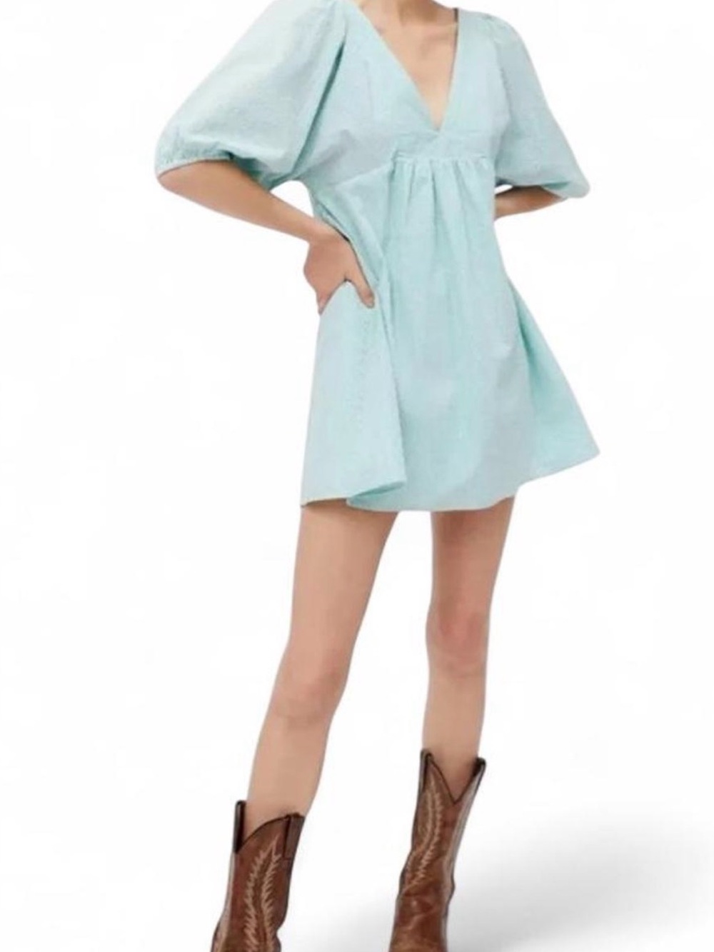 Urban Outfitters Light Blue V-Neck Puff-Sleeve Mini Dress